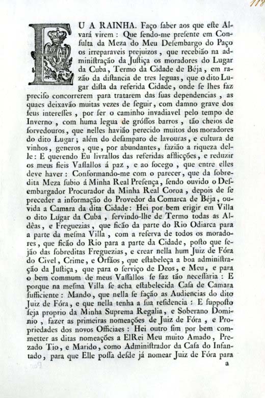 Alvara por que Vossa Magestade ha por bem erigir em Vila o lugar da Cuba servind