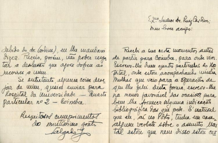 CARTA AUTOGRAFA DIRIGIDA A LUIS CARDIM DATADA EM COIMBRA EM 1936