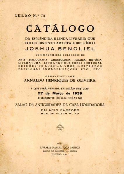 CATALOGO DA ESPLENDIDA E LINDA LIVRARIA QUE FOI DO DISTINTO ARTISTA E BIBLIOFILO JOSHUA BENOLIEL