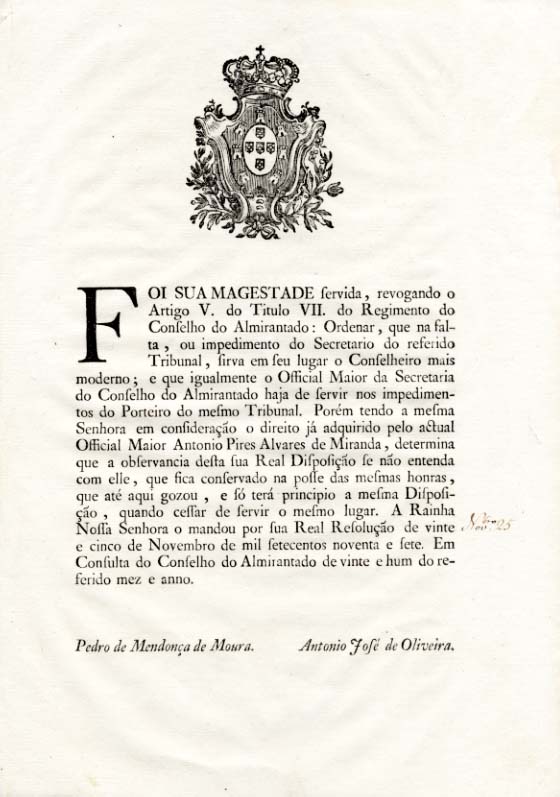 FOI SUA MAGESTADE servida revogandoo Artigo V. do Titulo VII. do Regimento do Conselho do Almirantado: Ordenar, que na falta, ou impedimento do Secretario