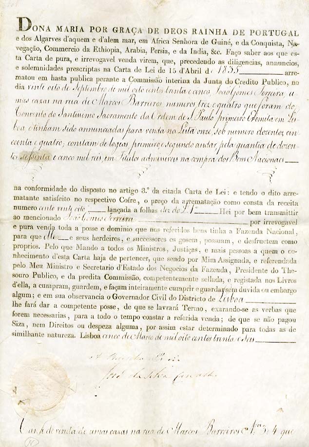 CARTA DE VENDA DE UMAS CASAS NA RUA DE MARCOS BARREIROS