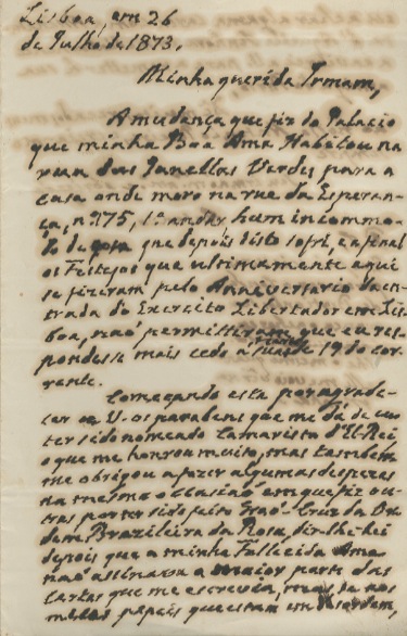 CARTA AUTOGRAFA: Datada de Lisboa, em 26 de Julho de 1873