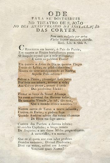 ODE PARA SE DISTRIBUIR NO TEATRO DE SAO JOAO NO DIA ANIVERSARIO DA INSTALAÇAO DAS CORTES