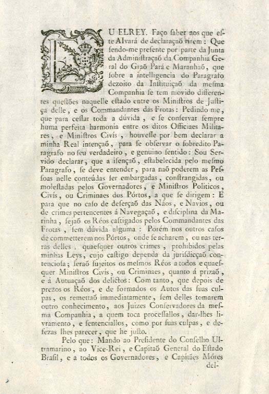 Alvara por que Vossa Magestade e servido declarar o Paragrafo dezoito da Instituiçao da Companhia Geral do Grao Para e Maranhao