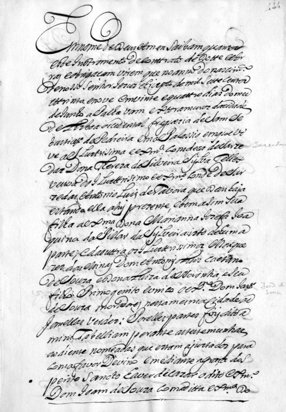 ESCRITURA DE DOTE NO CASAMENTO DE DOM JOAO DE SOUSA COM DONA MARIANA JOSEFA JOAQUINA DO PILAR DA SILVEIRA