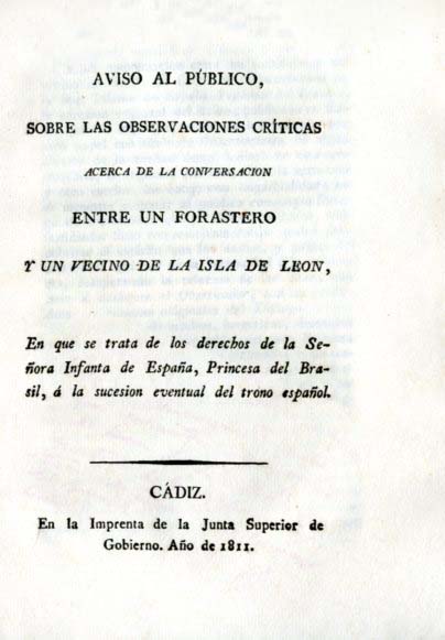 AVISO AL PUBLICO SOBRE LAS OBSERVACIONES CRITICAS ACERCA DE LA CONVERSACION ENTRE UN FORASTERO Y UN VECINO DE LA ISLA DE LEON