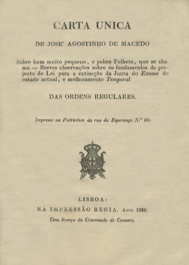 CARTA UNICA DE JOSE AGOSTINHO DE MACEDO