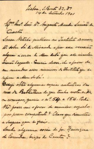 CARTA DIRIGIDA A AUGUSTO MENDES SIMOES DE CASTRO