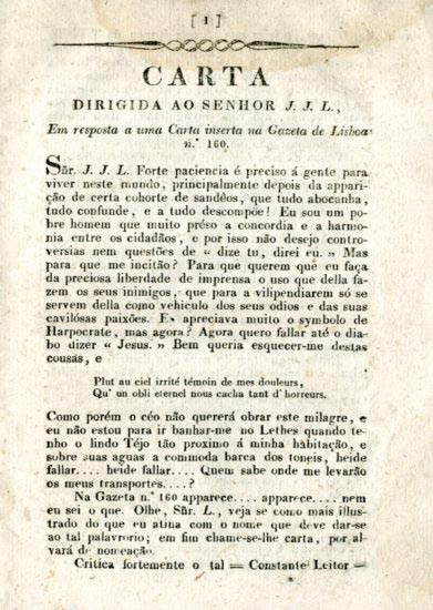 CARTA DIRIGIDA AO SENHOR J J L EM RESPOSTA A UMA CARTA INSERTA NA GAZETA DE LISBOA NUMERO 160
