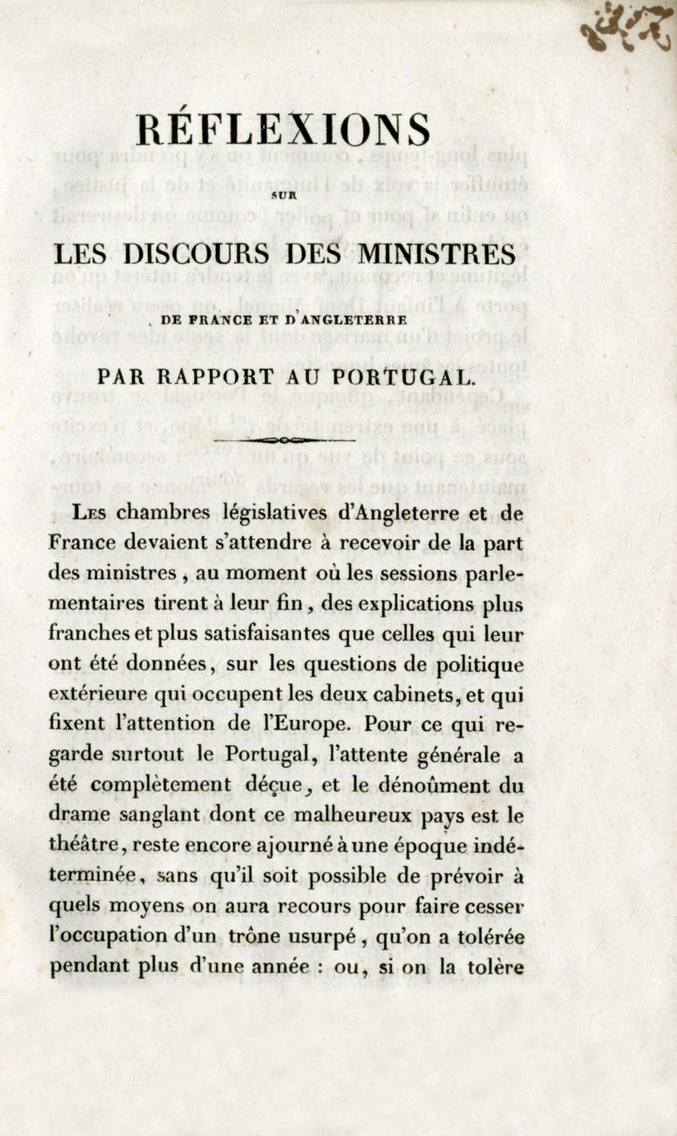 REFLEXIONS SUR LES DISCOURS DES MINISTRES DE FRANCE ET D’ANGLETERRE PAR RAPPORT AU PORTUGAL