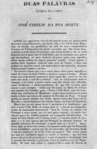DUAS PALAVRAS ACERCA DA CARTA DE JOSE FIDELIS DA BOA MORTE