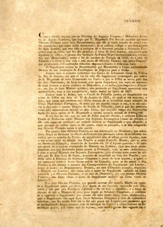 SENHOR [Carta do autor dirigida a D. Joao VI, impressa NA IMPRESSÂO LIBERAL, Anno 1822]
