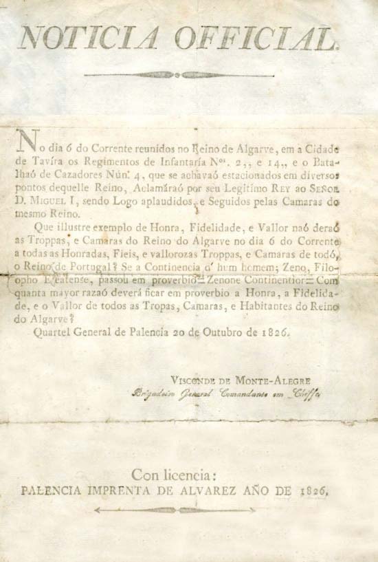 NOTICIA OFICIAL. No dia 6 do Corrente reunidos no Reino do Algarve, em a Cidade de Tavira