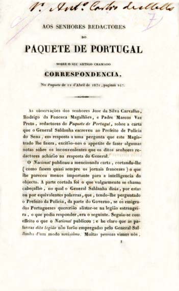 AOS SENHORES REDACTORES DO PAQUETE DE PORTUGAL SOBRE O SEU ARTIGO CHAMADO CORRESPONDENCIA NO PAQUETE DE 12 DE ABRIL DE 1831