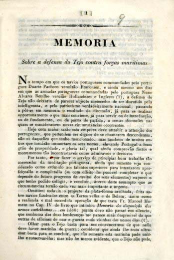 MEMORIA SOBRE A DEFENSA DO TEJO CONTRA FORÇAS MARITIMAS