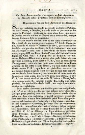 CARTA DE UM JURISCONSULTO PORTUGUES A JOSE AGOSTINHO DE MACEDO SOBRE OS TRATADOS COM OS ESTRANGEIROS