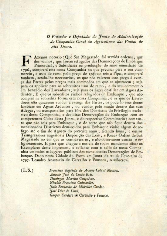 Provedor e Deputados da Junta da Administraçao da Companhia Geral da Agricultura das Vinhas do Alto Douro