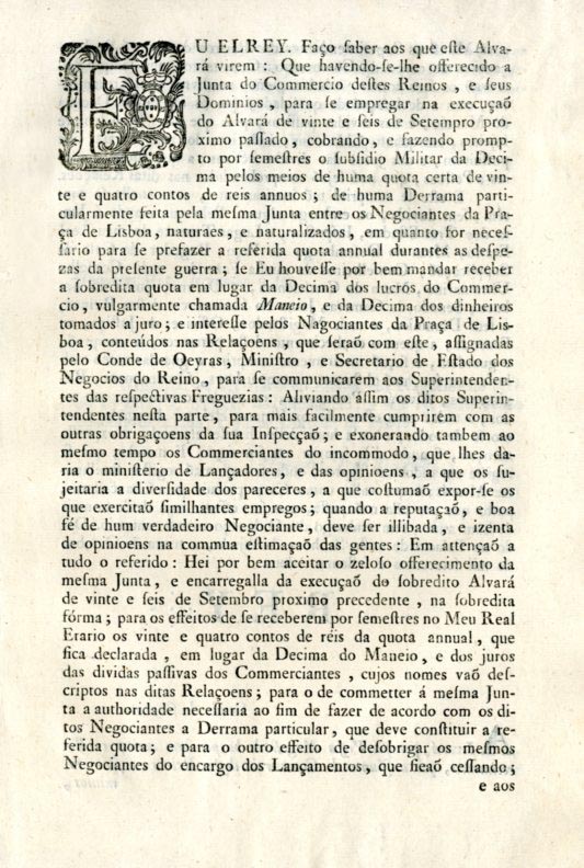 Alvara por que Vossa Magestade ha por bem aceitar o oferecimento que a Junta do Comercio destes Reinos