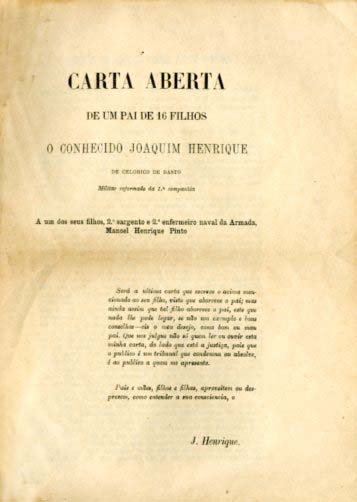 CARTA ABERTA DE UM PAI DE 16 FILHOS. O CONHECIDO JOAQUIM HENRIQUE DE CELORICO DE BASTO