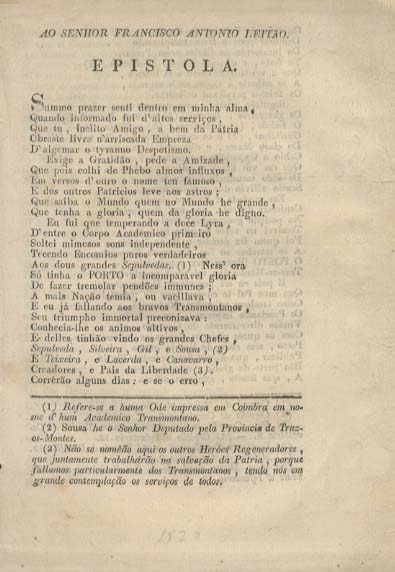 AO SENHOR FRANCISCO ANTONIO LEITAO. EPISTOLA