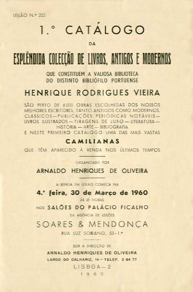 CATALOGO DA IMPORTANTE E VALIOSA BIBLIOTECA DO EX.mo Sr. HENRIQUE RODRIGUES VIEIRA