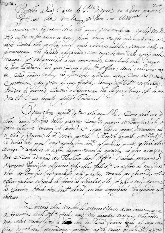 Resposta a hua Carta do P.e Vieyra, ou a hum papel q com ella vinha, por hum seo Am.º