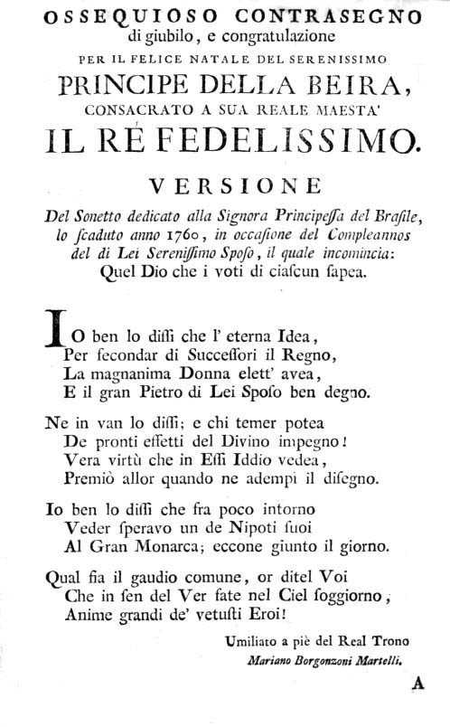 OSSEQUIOSO CONTRASEGNO di giubilo, e congratulazione PER IL FELICE NATALE DEL SERENISSIMO PRINCIPE DELLA BEIRA