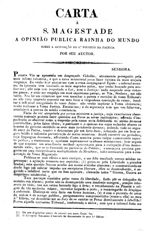 CARTA A SUA MAGESTADE A OPINIAO PUBLICA RAINHA DO MUNDO