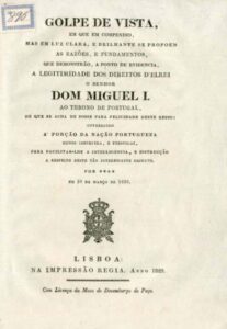 GOLPE DE VISTA EM QUE EM COMPENDIO MAS EM LUZ CLARA E BRILHANTE SE PROPOEM AS RAZOES E FUNDAMENTOS QUE DEMONSTRAM A PONTO DE EVIDENCIA A LEGITIMIDADE DOS DIREITOS DE EL REI O SENHOR DOM MIGUEL 1.º