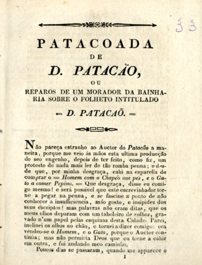 PATACOADA DE DOM PATACAO OU REPAROS DE UM MORADOR DA BAINHARIA SOBRE O FOLHETO INTITULADO DOM PATACAO