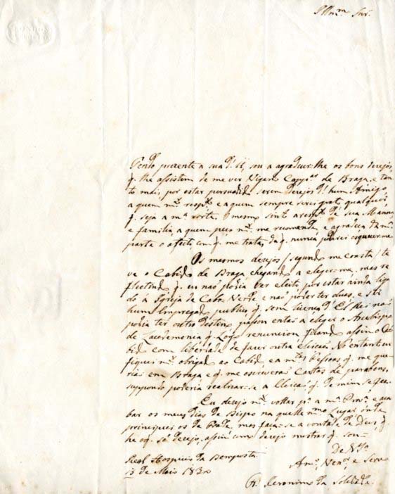 CARTA datada do Real Hospicio da Bemposta. 15 de Maio de 1830