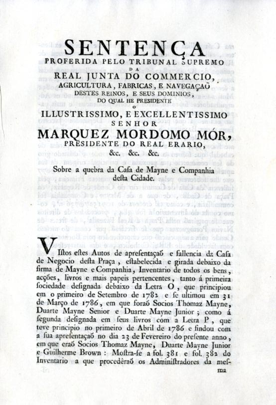 SENTENÇA PROFERIDA PELO TRIBUNAL SUPREMO DA REAL JUNTA DO COMERCIO AGRICULTURA F