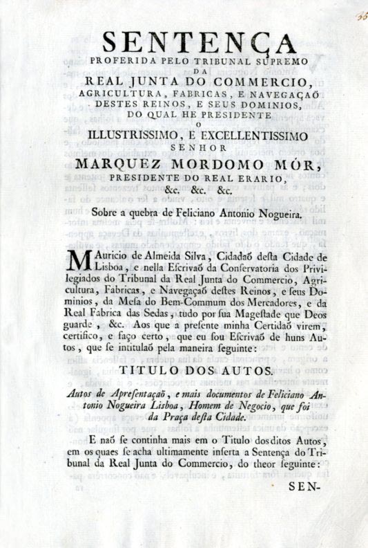 SENTENÇA PROFERIDA PELO TRIBUNAL SUPREMO DA REAL JUNTA DO COMERCIO AGRICULTURA FABRICAS E NAVEGAÇAO