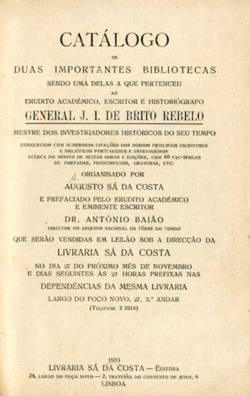 CATALOGO DE DUAS IMPORTANTES BIBLIOTECAS