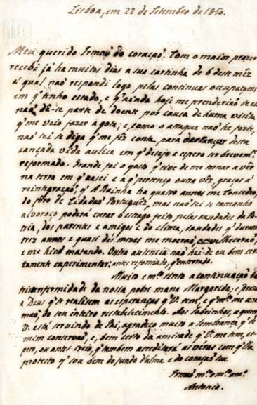 CARTA AUTOGRAFA DATADA: Lisboa, em 22 de Setembro de 1850