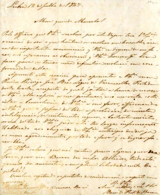 CARTA MANUSCRITA: datada de Lisboa 12 de Julho de 1847