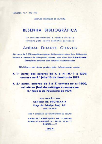 CATALOGO DA MAGNIFICA E PRECIOSA LIVRARIA FORMADA PELO ILUSTRE BIBLIOFILO PORTUENSE ANIBAL DUARTE CHAVES [RESENHA BIBLIOGRAFICA]