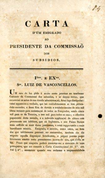 CARTA DE UM EMIGRADO AO PRESIDENTE DA COMISSAO DOS SUBSIDIOS