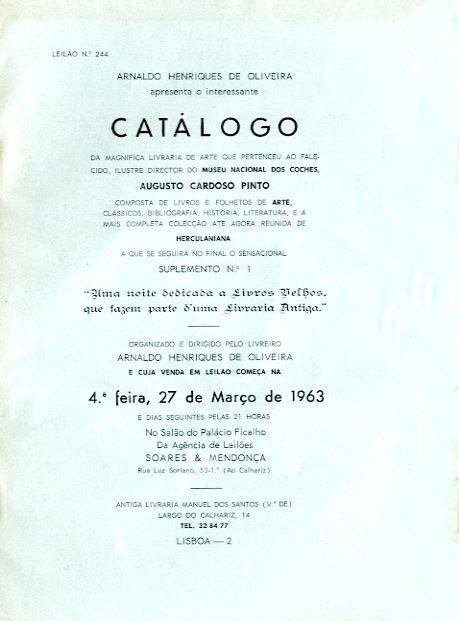 CATALOGO DA MAGNIFICA LIVRARIA DE ARTE FORMADA POR AUGUSTO CARDOSO PINTO