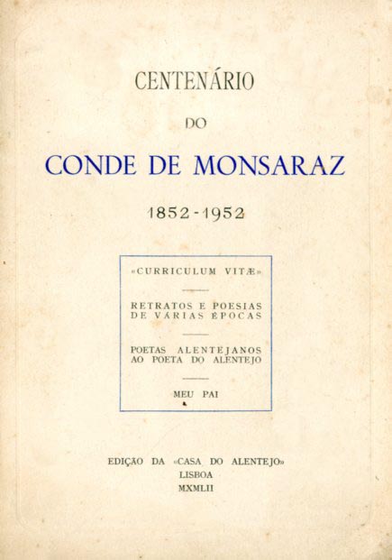 CENTENARIO DO CONDE DE MONSARAZ (1852-1952)