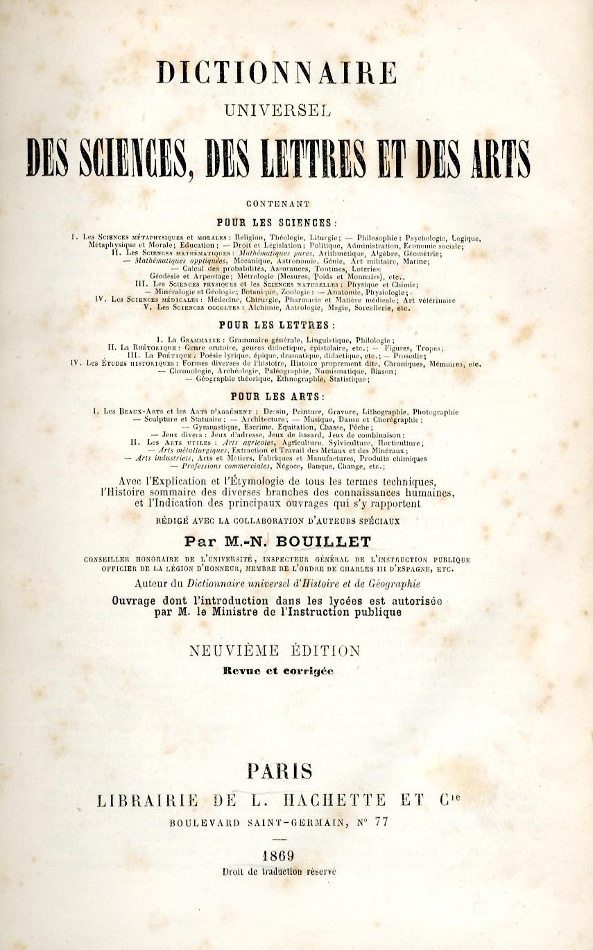 DICTIONNAIRE UNIVERSEL DES SCIENCES, DES LETTRES ET DES ARTS